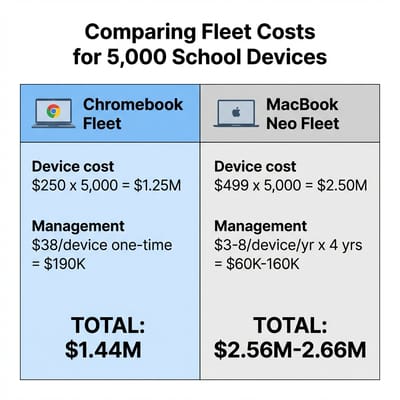 Fleet cost comparison infographic showing Chromebook fleet at $1.25 million versus MacBook Neo fleet at $2.5 million for 5,000 devices