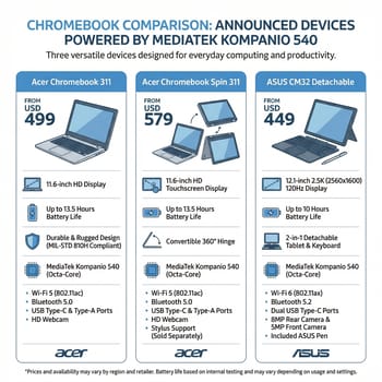Comparison of announced Kompanio 540 Chromebooks: Acer 311, Acer Spin 311, and ASUS CM32