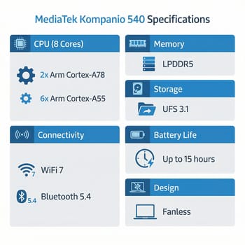 MediaTek Kompanio 540 key specifications: 8 cores, LPDDR5X, WiFi 7, fanless design