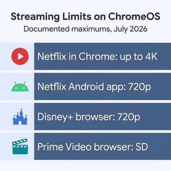 Chart of documented streaming resolution limits on ChromeOS: Netflix in Chrome up to 4K, Netflix Android app 720p, Disney+ browser 720p, Prime Video browser SD