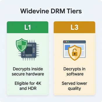 Diagram comparing Widevine L1, which decrypts video inside a hardware trusted execution environment, with Widevine L3, which handles it in software
