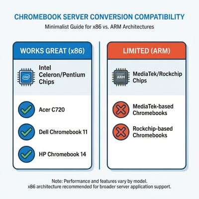 Chromebook compatibility quick-reference showing x86 vs ARM processor support