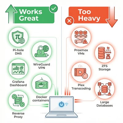 Infographic showing services that run well on a Chromebook server versus those that don't