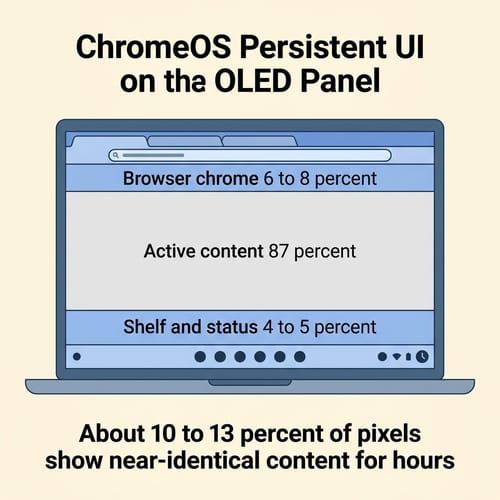 Diagram of a ChromeOS display showing browser chrome at the top occupying 6 to 8 percent of pixels, active content in the middle at 87 percent, and shelf plus status area at the bottom occupying 4 to 5 percent of pixels, totaling 10 to 13 percent persistent UI