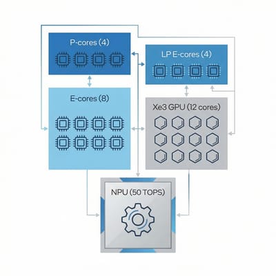 Intel Panther Lake 18A architecture diagram showing CPU, GPU, and NPU layout