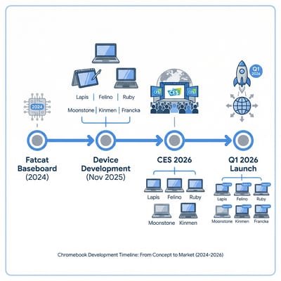 Timeline showing Panther Lake Chromebook development from Fatcat baseboard to Q1 2026 launch