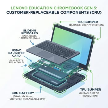 Diagram showing customer-replaceable components in Lenovo Chromebook Gen 5: battery, USB-C daughter card, keyboard, bumpers
