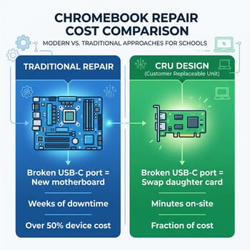 Infographic comparing repair costs: traditional depot repair vs CRU on-site repair for education Chromebooks