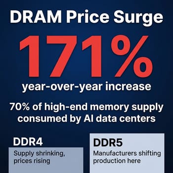 Infographic showing DRAM price surge: 171% year-over-year increase driven by AI data center demand