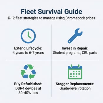 Infographic showing K-12 Chromebook fleet strategies: lifecycle extension, refurbished purchasing, repair programs, and staggered replacement