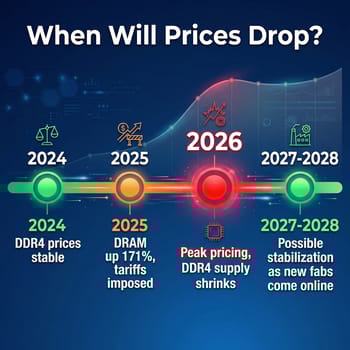 Timeline infographic showing DRAM price trajectory from 2024 through projected 2028 stabilization
