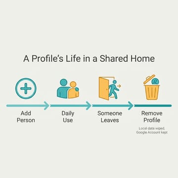 Infographic showing a profile's lifecycle in a shared home: Add Person, Daily Use, Someone Leaves, then Remove Profile, with local data wiped and the Google Account kept