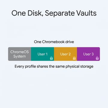 Infographic showing one Chromebook disk divided into the ChromeOS system partition plus separate encrypted vaults for User 1, User 2, and User 3, all drawing from the same shared storage pool