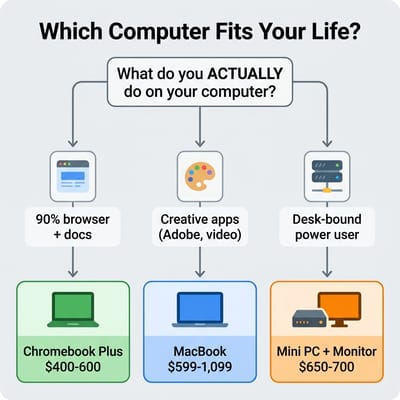Decision flowchart showing when to buy a Chromebook Plus versus a MacBook or mini PC based on workflow needs