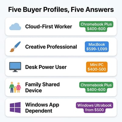 Comparison chart showing five buyer profiles matched to recommended computer categories with price ranges