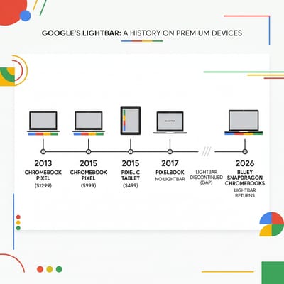 Timeline of Google lightbar appearances: Chromebook Pixel 2013, Chromebook Pixel 2015, Pixel C 2015, and now Bluey-based Snapdragon Chromebooks 2026