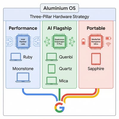 Google's three-pillar Aluminium hardware strategy: Intel Panther Lake (Ruby, Moonstone), MediaTek Kompanio Ultra (Sapphire), Qualcomm Snapdragon X Plus (Quenbi, Quartz, Mica)