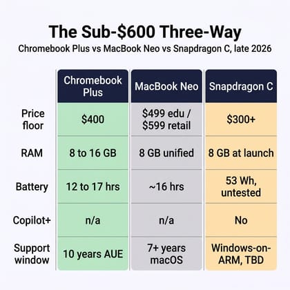 Comparison infographic of Chromebook Plus, MacBook Neo, and Snapdragon C across price floor, RAM, battery, Copilot+, and support window