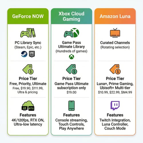 Comparison chart of GeForce NOW, Xbox Cloud Gaming, and Amazon Luna features for Chromebook users