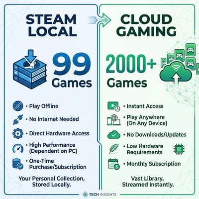 Comparison showing Steam for Chromebook's 99 compatible games versus GeForce NOW's 2000+ game library
