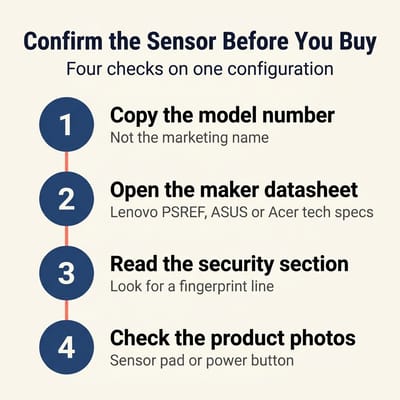 Four-step numbered checklist for confirming a Chromebook fingerprint reader: copy the model number, open the maker datasheet, read the security section, and check the product photos for the sensor pad or power button