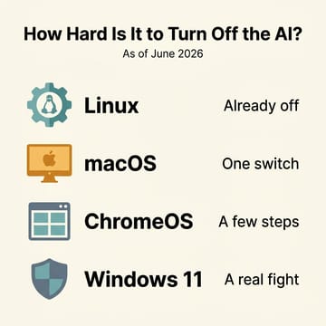 Infographic ranking how hard it is to turn off AI as of June 2026: Linux is already off, macOS is one switch, ChromeOS takes a few steps, and Windows 11 is a real fight