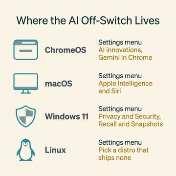 Infographic showing where each platform's AI off-switch lives in settings: ChromeOS under AI innovations and Gemini in Chrome, macOS under Apple Intelligence and Siri, Windows 11 under Privacy and Security then Recall and Snapshots, and Linux by picking a distro that ships none