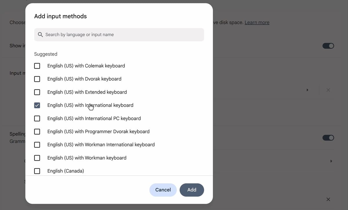 The Add input methods dialog with English (US) with International keyboard checked in the Suggested list, and the Cancel and Add buttons