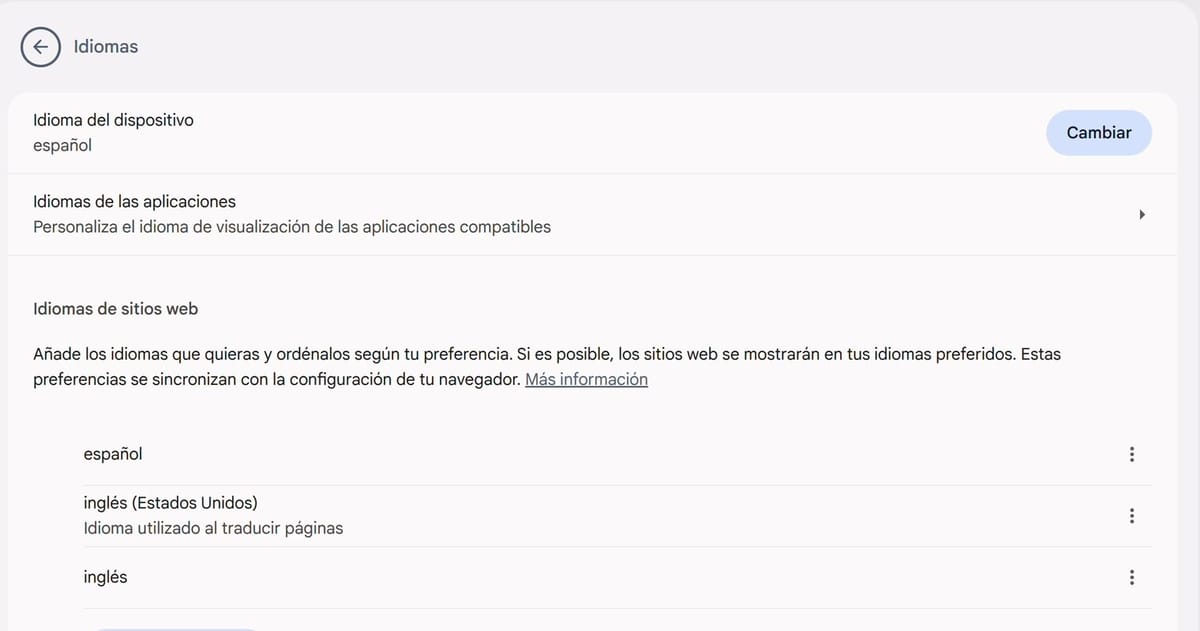 The Languages page in Spanish, titled Idiomas, with Idioma del dispositivo set to español and the Cambiar button at the top right