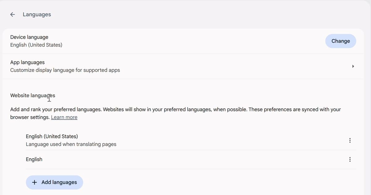 The ChromeOS Languages page with Device language set to English (United States), a Change button on the right, and the Website languages list below
