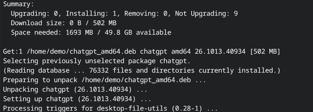 apt installing the chatgpt package version 26.1013.40934 in the Chromebook Terminal, with Space needed 1693 MB in the summary and Setting up chatgpt at the end