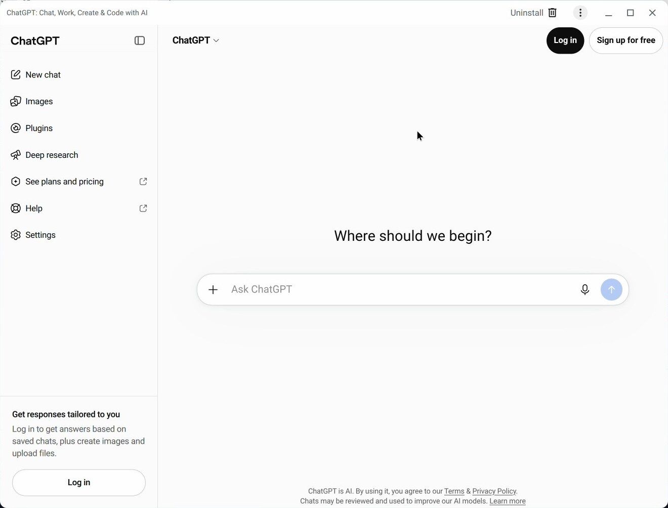 ChatGPT in its own app window on the Chromebook after Open tab in app, signed out, with Where should we begin and the Ask ChatGPT box
