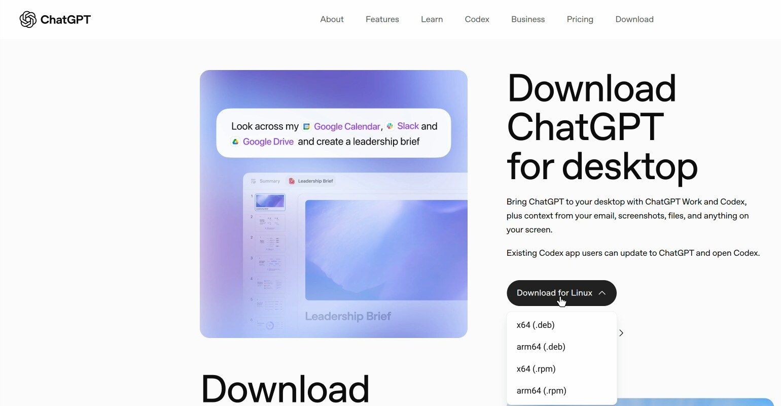 The chatgpt.com/download page in Chrome with Download for Linux open and its four choices: x64 (.deb), arm64 (.deb), x64 (.rpm), and arm64 (.rpm)