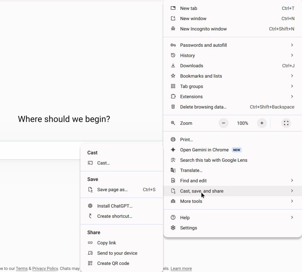 The Chrome menu on chatgpt.com with Cast, save, and share open and Install ChatGPT in its submenu
