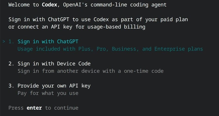 The first Codex screen with three sign-in options: Sign in with ChatGPT, Sign in with Device Code, and Provide your own API key
