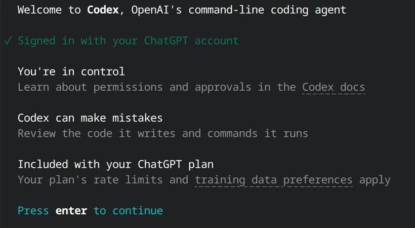 Codex after the device code sign-in: Signed in with your ChatGPT account, You're in control, Codex can make mistakes, and Included with your ChatGPT plan
