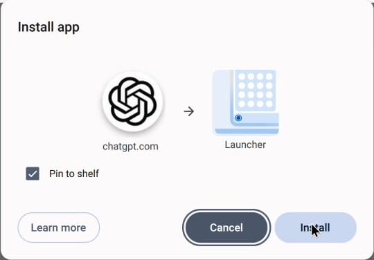 The Install app dialog for chatgpt.com with Pin to shelf ticked and the Cancel and Install buttons