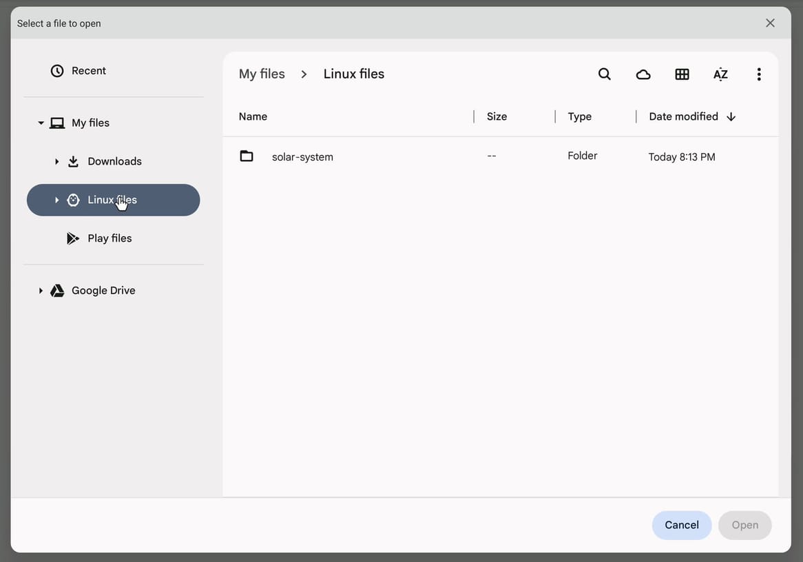 Chrome's Select a file to open dialog with Linux files selected in the sidebar and the solar-system folder in the list