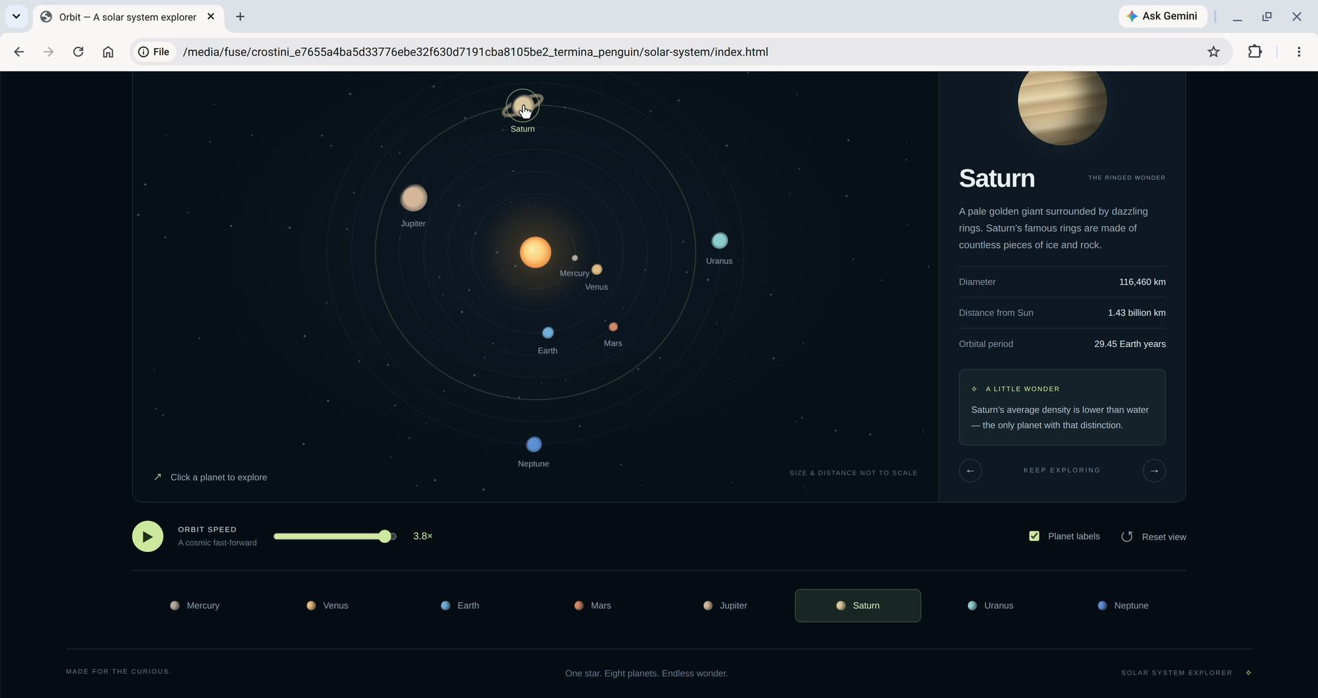 The solar system web app built by Codex, open in Chrome, with the planets on their orbits, the Saturn fact card on the right, and the orbit speed slider, Play button, and Planet labels at the bottom