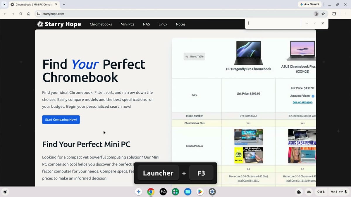 Chrome with its find bar open at the top right of the window after the Launcher plus F3 shortcut