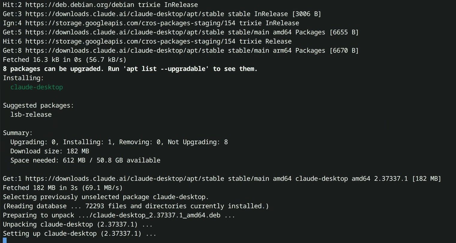 apt installing claude-desktop 2.37337.1 in the Chromebook Terminal, with Download size 182 MB, Space needed 612 MB, and Fetched 182 MB in 3s