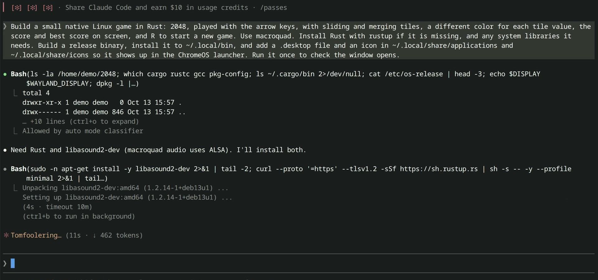Claude Code checking the system, then installing libasound2-dev with apt and Rust with rustup, with Allowed by auto mode classifier under the first step