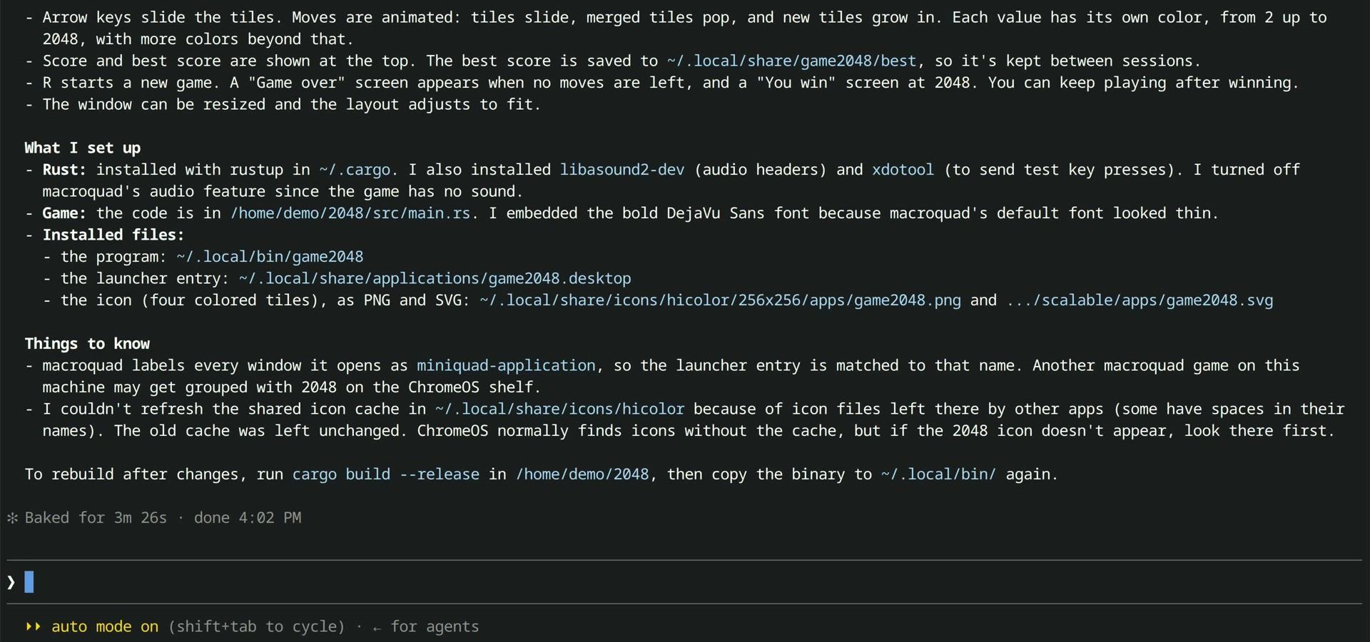 Claude Code's summary of the finished 2048 game: controls, the Rust and libasound2-dev installs, the installed program, launcher entry, and icon paths, and Baked for 3m 26s