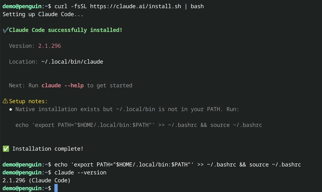 The Chromebook Terminal after the Claude Code installer: the success message, the setup note about ~/.local/bin, the PATH line, and claude --version printing 2.1.296 (Claude Code)