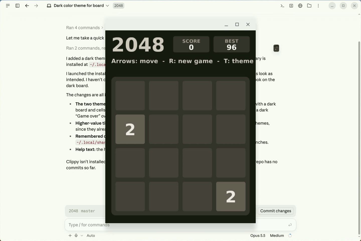 The 2048 game on a dark charcoal board with the help line Arrows: move, R: new game, T: theme, in front of the Claude Desktop window with the session summary