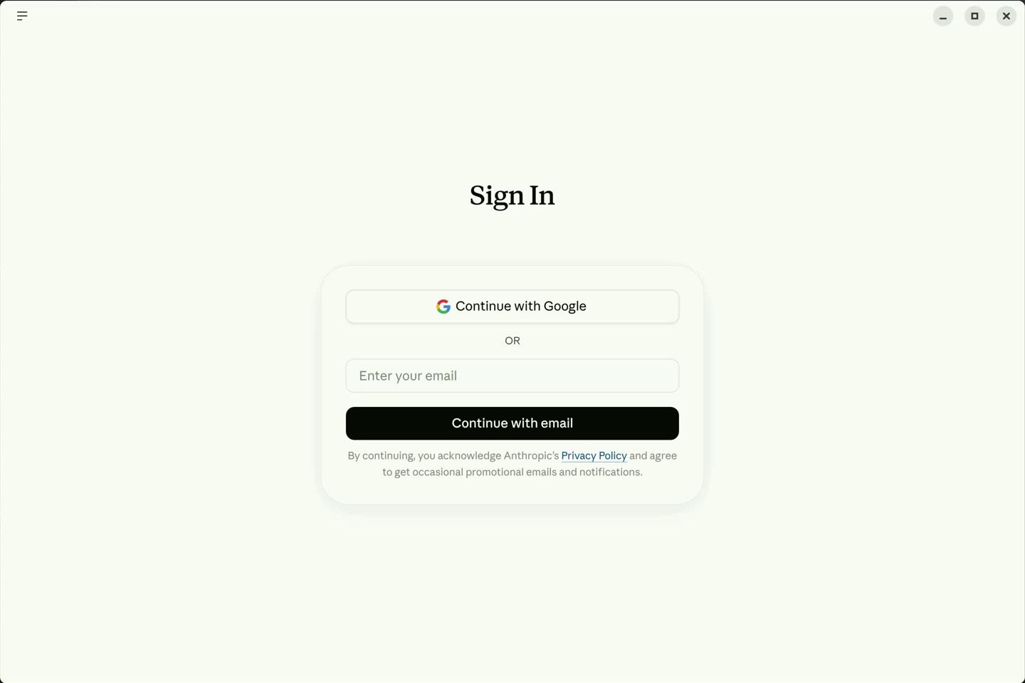 The Claude Desktop Sign In page with Continue with Google, an email field, and Continue with email