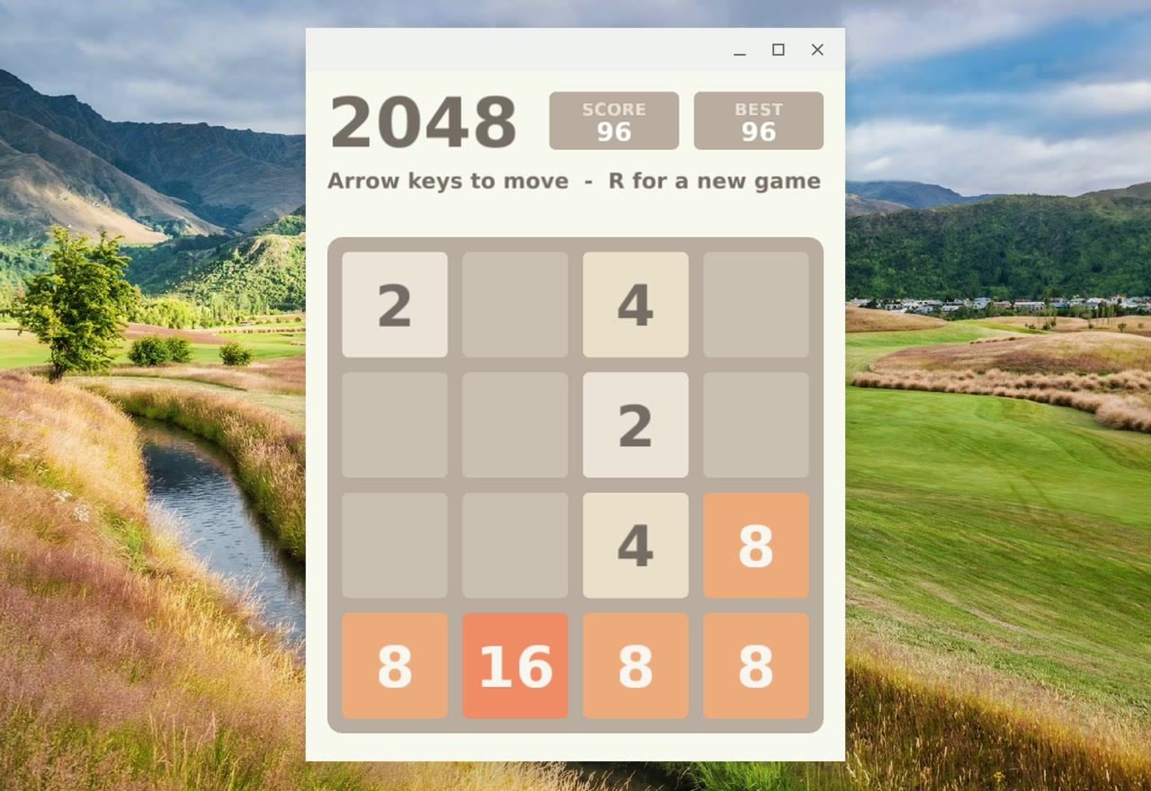 The 2048 game window built by Claude Code on the ChromeOS desktop, with SCORE 96 and BEST 96 at the top and a four by four board of numbered tiles