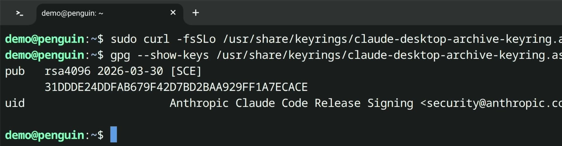 The gpg output in the Chromebook Terminal showing the fingerprint 31DDDE24DDFAB679F42D7BD2BAA929FF1A7ECACE and the uid Anthropic Claude Code Release Signing