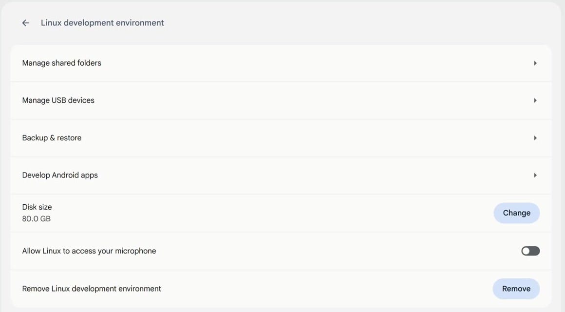 The ChromeOS Linux development environment settings page with Disk size 80.0 GB and a Change button, which means Linux is turned on