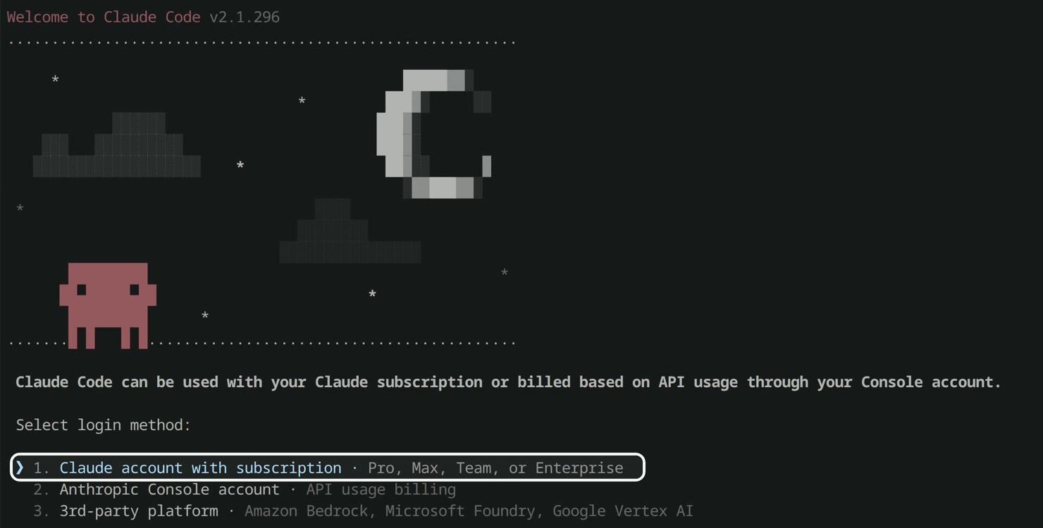 The Claude Code Select login method screen with three options: Claude account with subscription, Anthropic Console account, and 3rd-party platform
